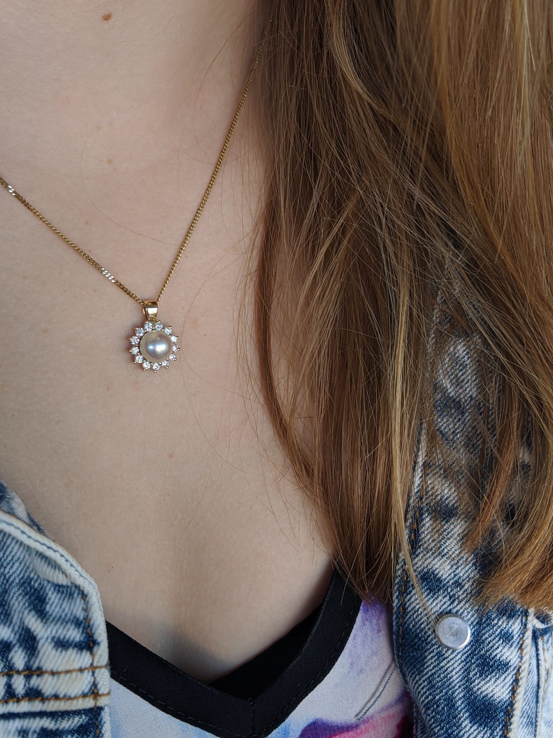 gold handmade pearl and diamond pendant neklace